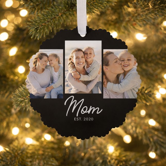 Mom Established Modern Script Black 3 Photo Tree Decoration Card (Creator Uploaded)