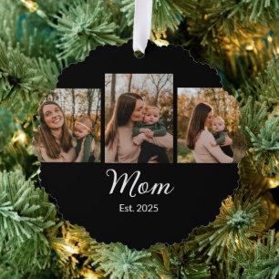 Mom Established Modern Script Black 3 Photo Tree Decoration Card