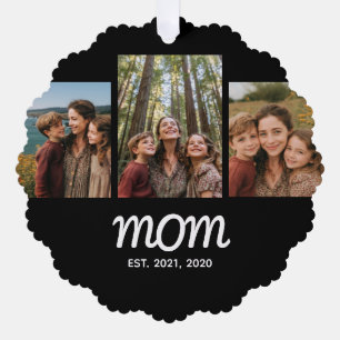 Mom Established Modern Script Black 3 Photo Tree Decoration Card