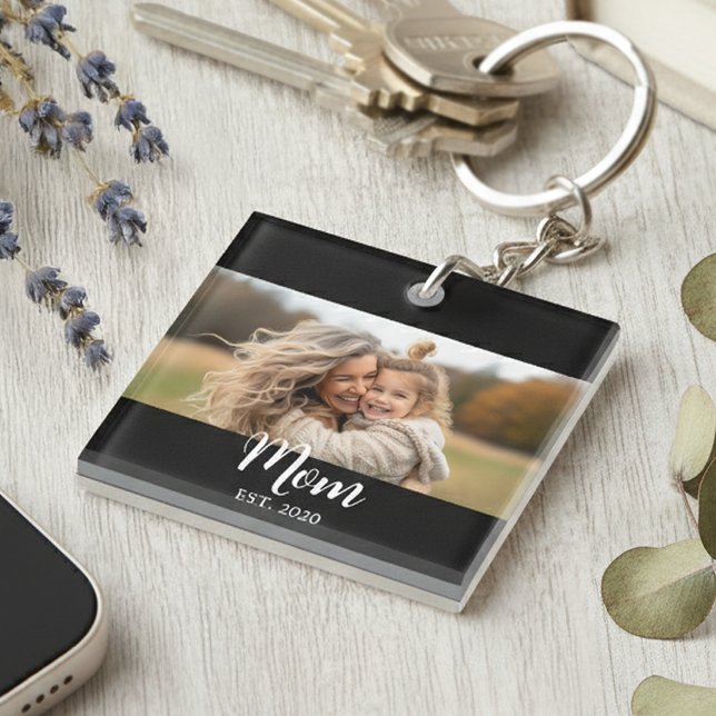 Mom Established Modern Script Black Photo Key Ring (Mom established with personalized photo, name and year she became a mom.)