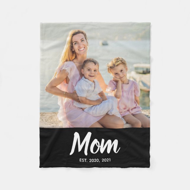 Mom Established Modern Script Photo Fleece Blanket (Front)