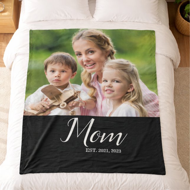 Mom Established Modern Script Photo Fleece Blanket (Creator Uploaded)