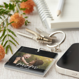 Mom Established Modern Script Photo Key Ring