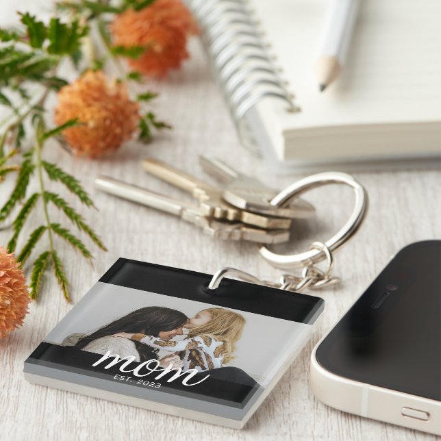 Mom Established Modern Script Photo Key Ring (Front Right)