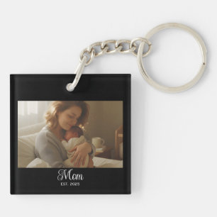 Mom Established Modern Script Photo Key Ring