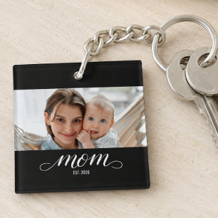 Mom Established Modern Script Photo Key Ring