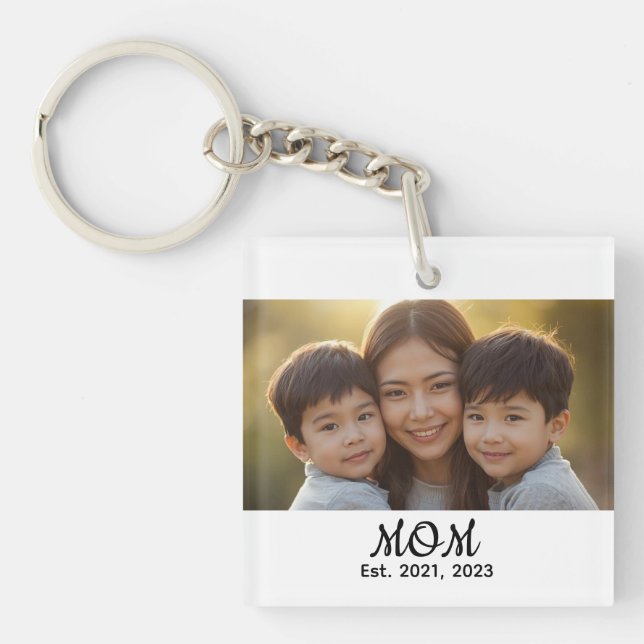 Mom Established Modern Script Photo Key Ring (Front)