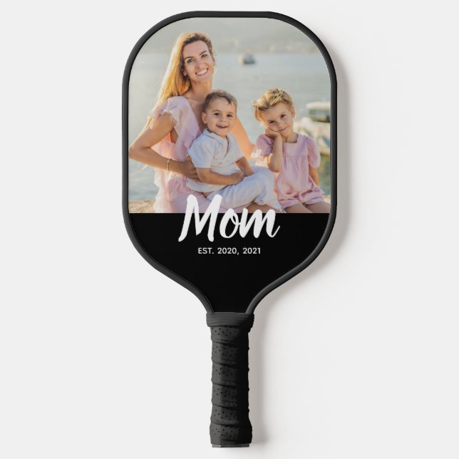 Mom Established Modern Script Photo Pickleball Paddle (Front)