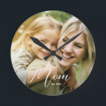 Mom Established Modern Script Photo Round Clock<br><div class="desc">Celebrate your First Mothers Day with this soft modern Script "Mom Established Modern Script Photo Round Clock". This Custom Mom Established Year Photo Clock is the perfect New Mom Gift, and also great for veteran moms. This modern mom style clock makes a wonderful gift for so many gift occasions, such...</div>
