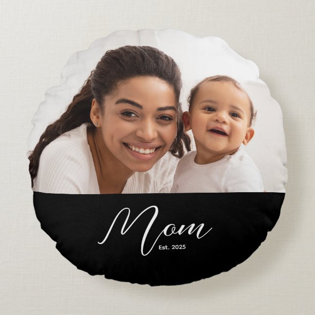 Mom Established Modern Script Photo Round Cushion (Front)
