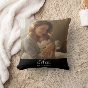 Mom Established Modern Script Photo Throw Cushion