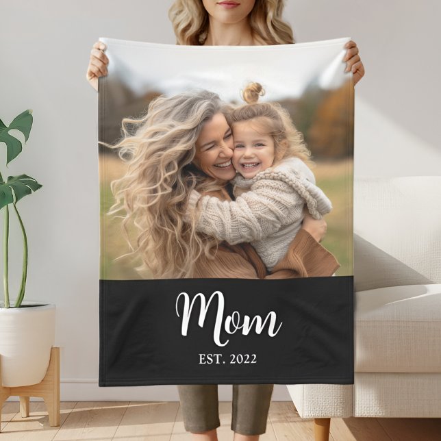 Mom Established Modern Typography Photo Black Fleece Blanket (Creator Uploaded)