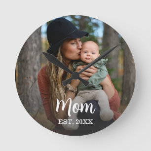 Mom Established Modern Typography Photo Wall Clock
