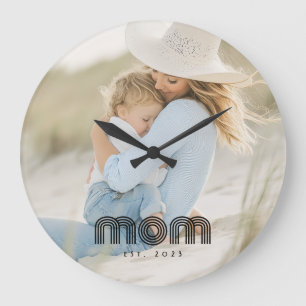 Mom Established Modern White Script Photo  Large Clock