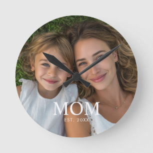 Mom Established Modern White Script Photo  Round Clock
