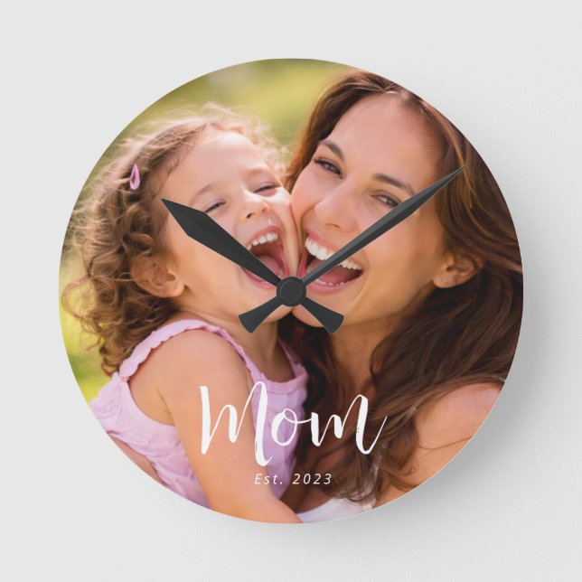 Mom Established Modern White Script Photo Round Clock (Front)