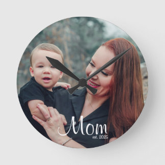 Mom Established Modern White Script Photo Round Clock