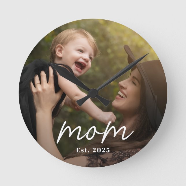 Mom Established Modern White Script Photo Round Clock (Front)