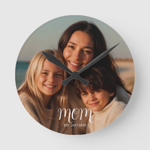 Mom Established Modern White Script Photo Round Clock