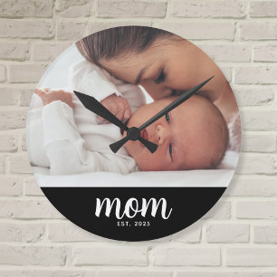Mom Established Modern White Script Photo Round Clock