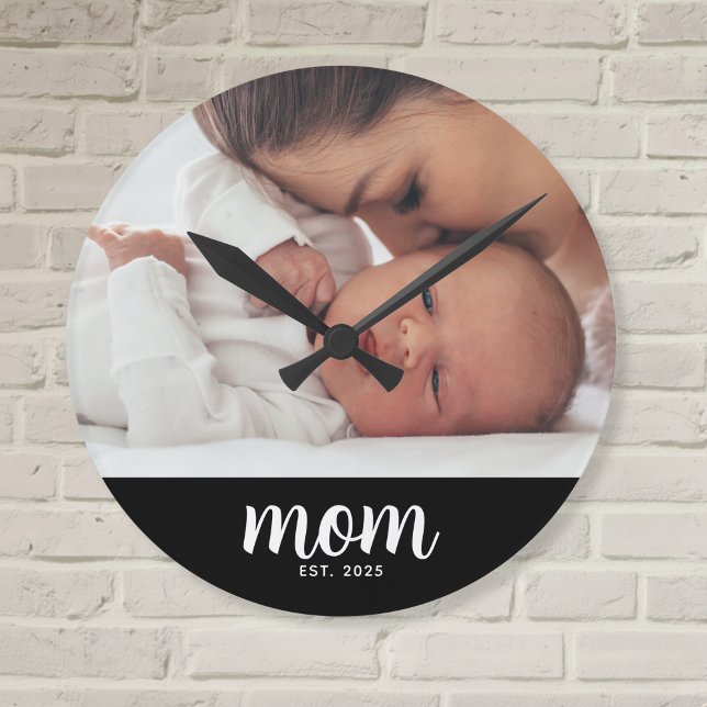 Mom Established Modern White Script Photo Round Clock (Creator Uploaded)