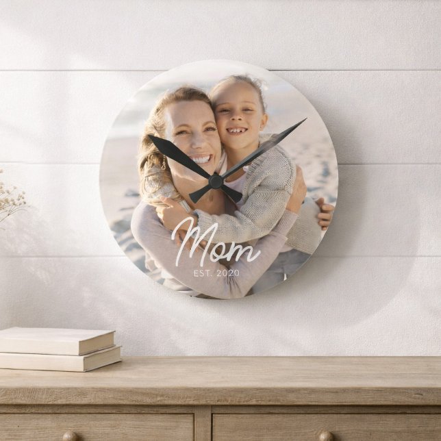 Mom Established Modern White Script Photo Round Clock (Creator Uploaded)