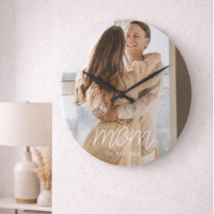 Mom Established Modern White Script Photo Round Large Clock