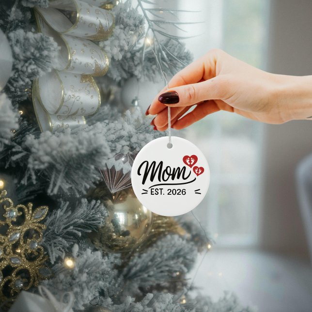 Mom Established Mothers Day Name Year Script Heart Ceramic Ornament (new mom established mothers day ornaments  mama mum typography simple heart modern script christmas )