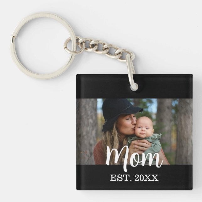 Mom Established Photo Mother's Day Black Key Ring (Front)