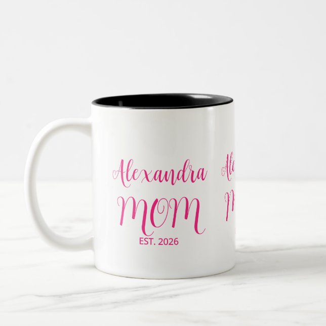 Mom Established Pink Script Name  Two-Tone Coffee Mug (Left)