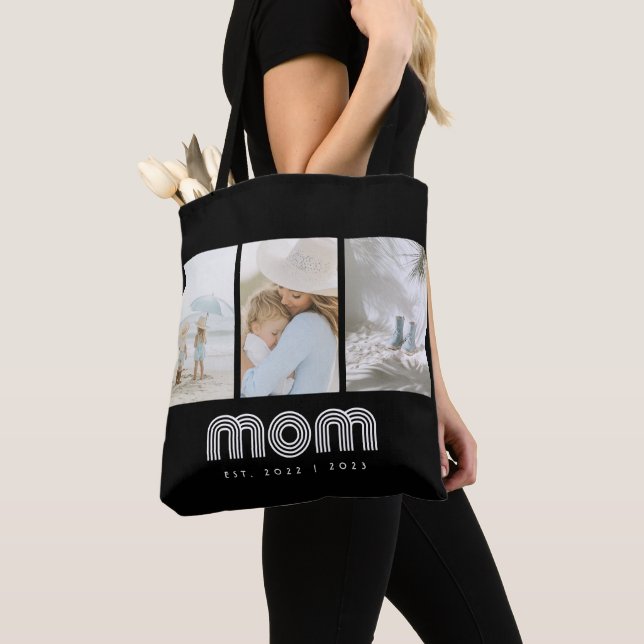 Mom Established Retro Script Black 3 Photo Tote Bag (Close Up)
