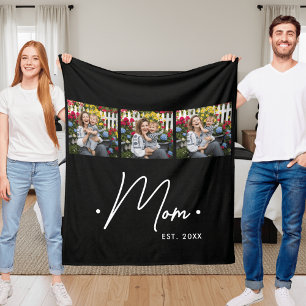 Mom Established Script 3 Photo Black Fleece Blanket