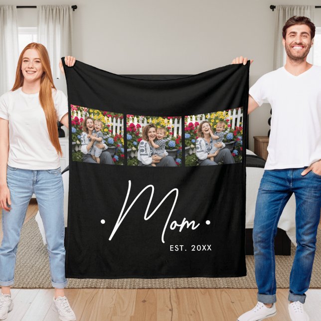 Mom Established Script 3 Photo Black Fleece Blanket (Creator Uploaded)