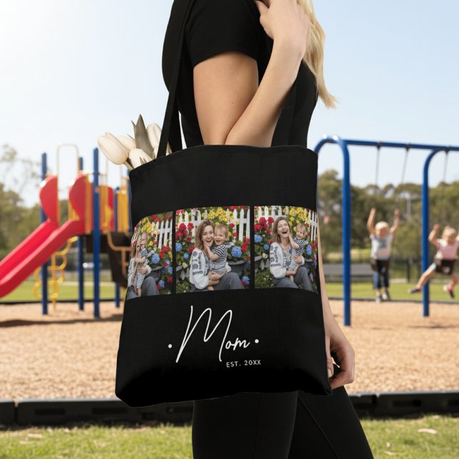 Mom Established Script 3 Photo Black Tote Bag (Creator Uploaded)