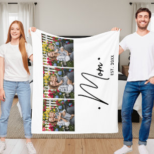 Mom Established Script 3 Photo White Fleece Blanket