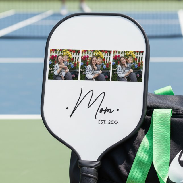 Mom Established Script 3 Photo White Pickleball Paddle (Creator Uploaded)
