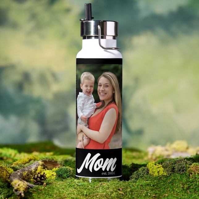 Mom Established Script Black 2 Photo Water Bottle (Outdoor (Rotated))