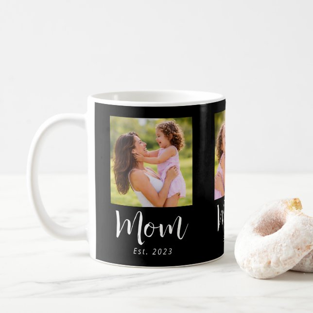 Mom Established Script Black 3 Photo Coffee Mug (With Donut)