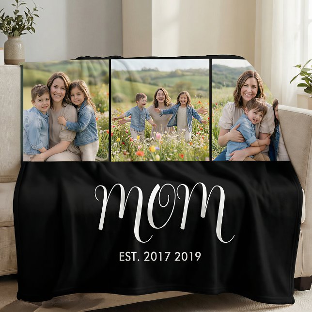 Mom Established Script Black 3 Photo Fleece Blanket (Creator Uploaded)