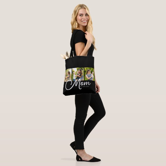 Mom Established Script Black 3 Photo Tote Bag (On Model)