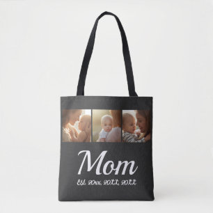 Mom Established Script Black 3 Photo Tote Bag