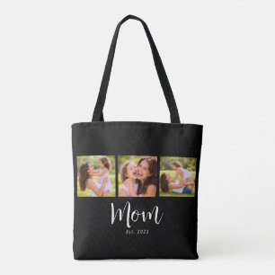 Mom Established Script Black 3 Photo Tote Bag