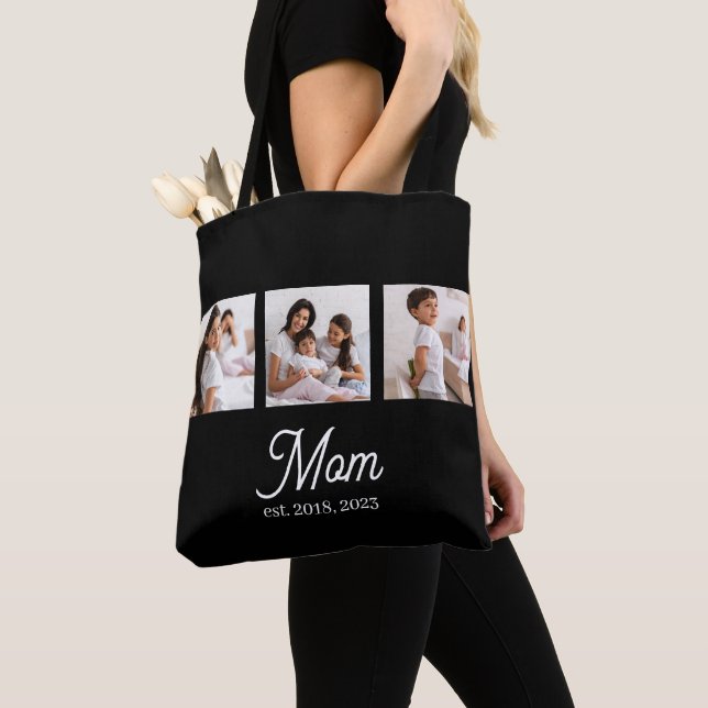 Mom Established Script Black 3 Photo Tote Bag (Close Up)