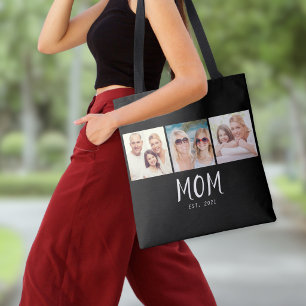 Mom Established Script Black 3 Photo Tote Bag