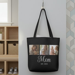 Mom Established Script Black 3 Photo Tote Bag