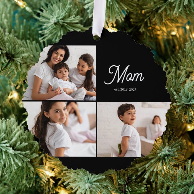 Mom Established Script Black 3 Photo Tree Decoration Card (Insitu (Tree))