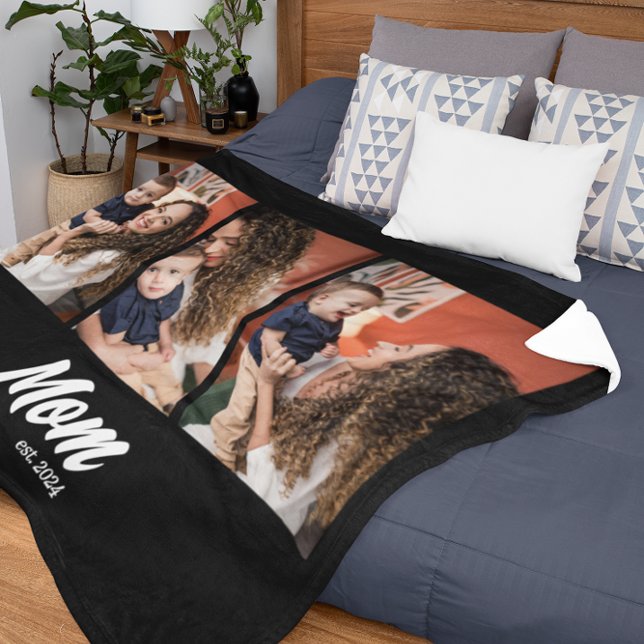Mom Established Script Black Photo Fleece Blanket (Creator Uploaded)