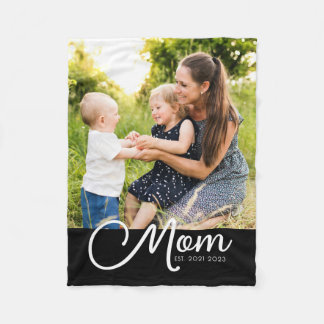 Mom Established Script Black Photo Fleece Blanket