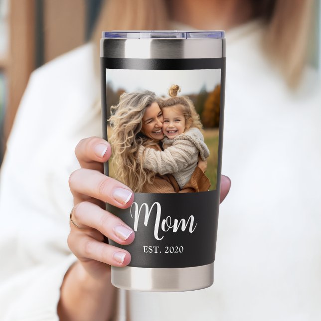 Mom Established Script Black Photo Insulated Tumbler (Established mom with customizable photo, 'Mom' script text and the year she first became a mom)