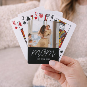 Mom Established Script Black Photo  Playing Cards